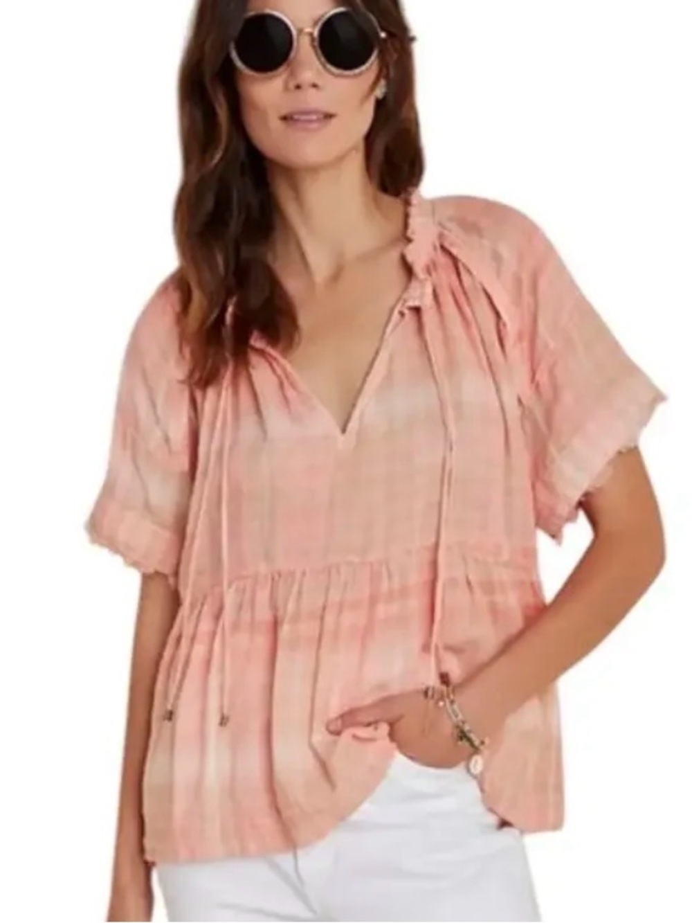 Anthropologie Pilcro The Bette Babydoll Plaid Blouse Peach tan 100% Cotton Gauze